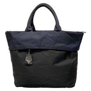 Auth PRADA Tessuto Double Black Navy Nylon Tote Bag